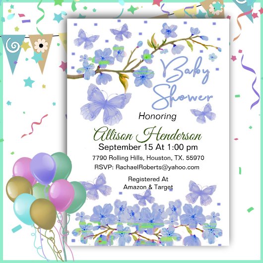 Blue Boy Butterfly Baby shower Invitation Kaart