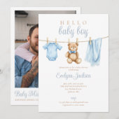 Blue Boy Clothesline Baby shower Foto QR-code Kaart (Voorkant / Achterkant)