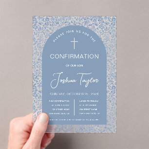 Blue Boy Confirmation Arch Floral Pattern Script Acryl Uitnodigingen