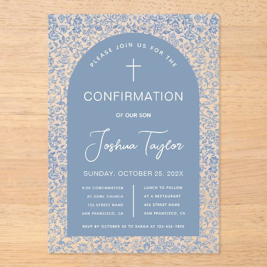 Blue Boy Confirmation Arch Floral Pattern Script Acryl Uitnodigingen (Voorkant)