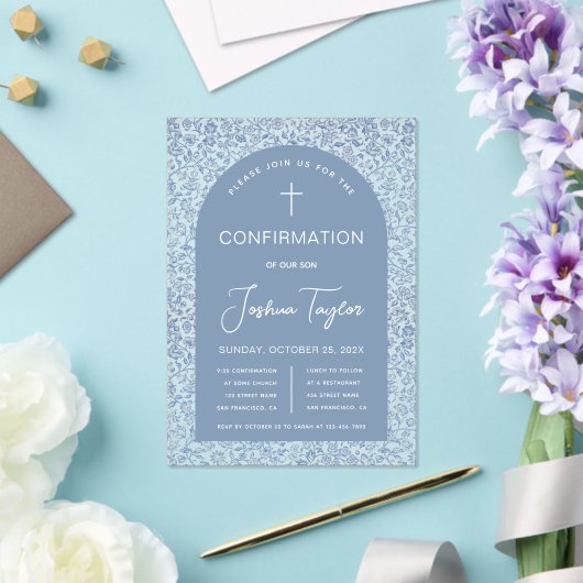Blue Boy Confirmation Arch Floral Pattern Script Acryl Uitnodigingen (Insitu (Huwelijk))
