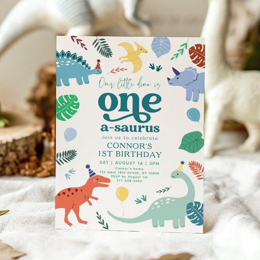 Blue Boy Dinosaur Boho 1st Birthday Kaart