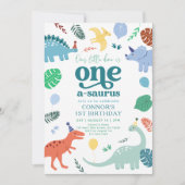 Blue Boy Dinosaur Boho 1st Birthday Kaart (Voorkant)