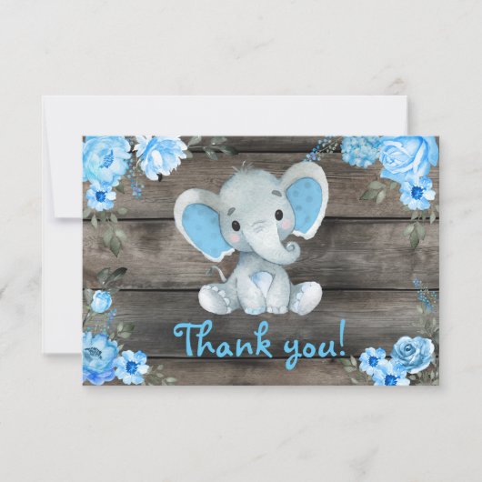 Blue Boy Elephant Carte de remerciements Floral Ru (Devant)