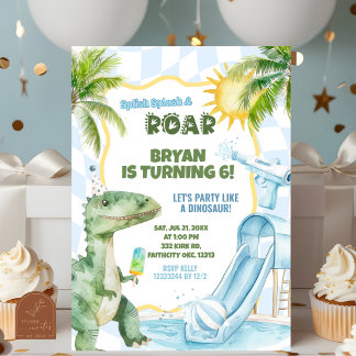 Blue Boy Groovy Dinosaur Pool Verjaardagsfeestje Kaart