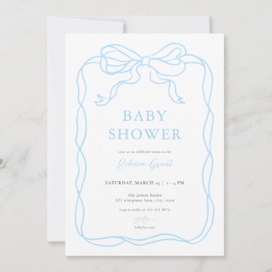 Blue Boy Hand Drawn Bow Baby shower Uitnodiging (Voorkant)