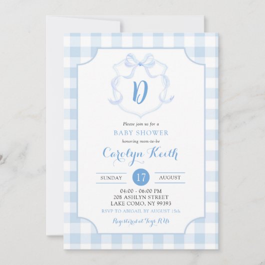 Blue Boy Monogram Waterverf Crest Baby shower Kaart (Voorkant)