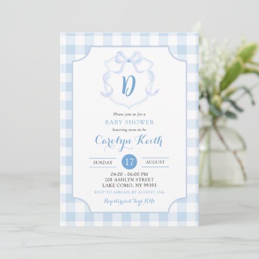 Blue Boy Monogram Waterverf Crest Baby shower Kaart (Staand voorkant)