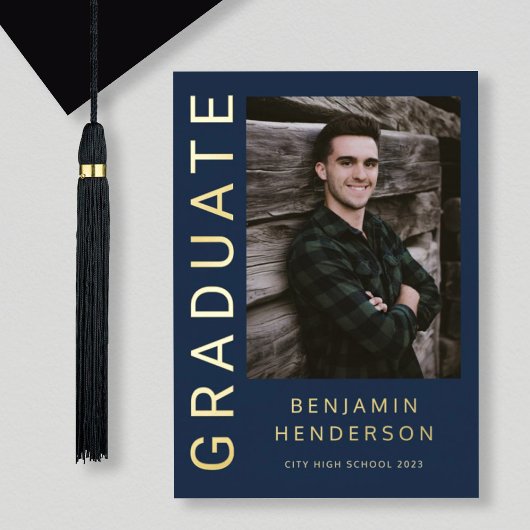 Blue Boy Photo Gold Foil Faire-part de graduation