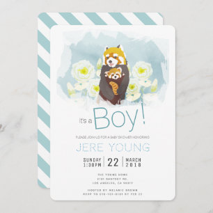 Blue Boy 'Red Panda' Baby shower Invitation Kaart