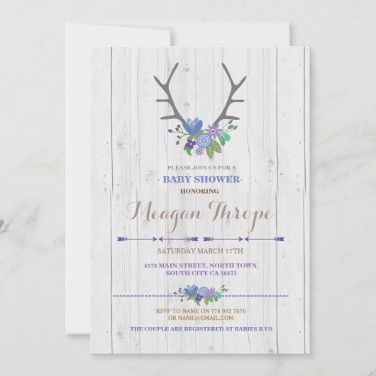 Blue Boy Stag Rustic Flower Baby shower Invitation (Devant)