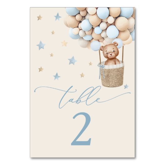 Blue Boy Teddy Bear Baby shower Table Number Kaart (Voorkant)