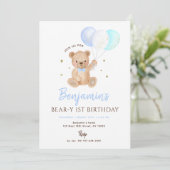 Blue Boy Teddy Bear Balloon First Birthday Kaart (Staand voorkant)