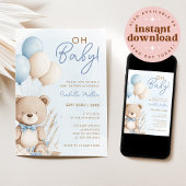 Blue Boy Teddy Bear Boho Baby shower Kaart