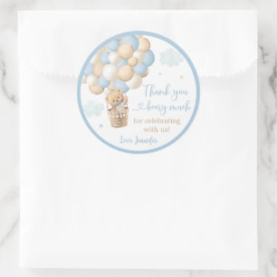 Blue Boy Teddy Bear Hete Luchtballon Baby shower Ronde Sticker