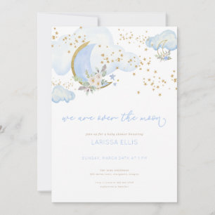Blue Boy We Are Over the Moon Baby shower Invite Kaart