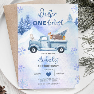 Blue Boy Woodland Winter Truck Onederland Verjaard Kaart