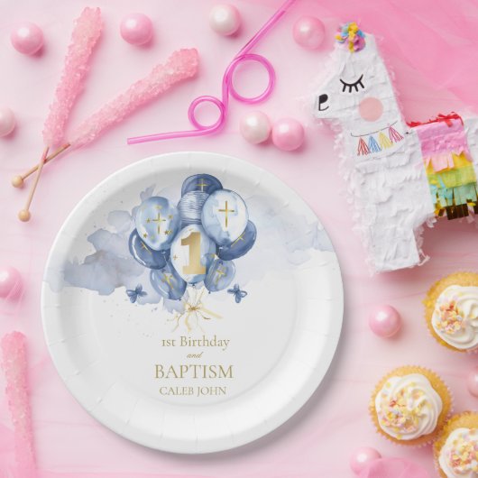 Blue Boys 1e verjaardag en doop Papieren Bordje (Feest)