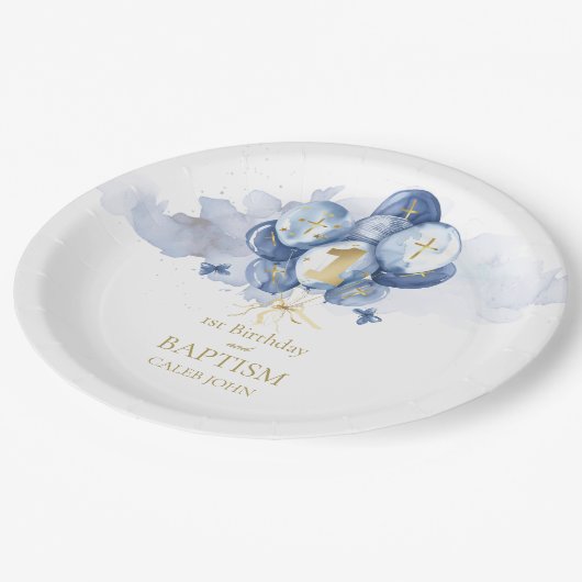 Blue Boys 1e verjaardag en doop Papieren Bordje (Gekanteld)