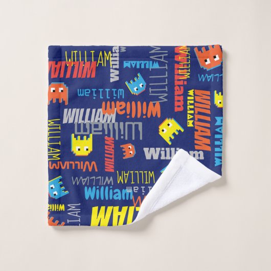 Blue boys nom pixel alien graphique serviettes Wil (Gant de toilette)