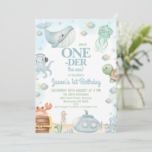 Blue Boys Onder Zee Oneder Het zee 1e Verjaardag Kaart (Staand voorkant)