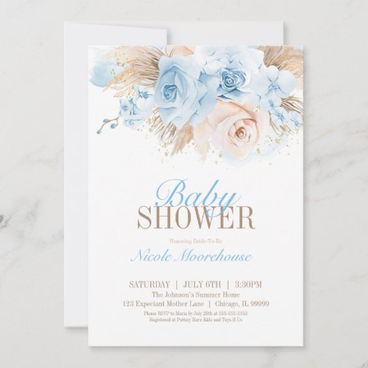 Blue Boys Pampas Grass Baby shower Invitation (Devant)