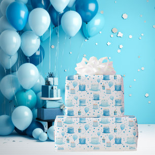 Blue Boys Waterverf Kids Verjaardagsfeestje Leuk Cadeaupapier