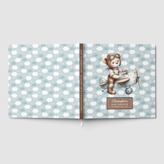 Blue Brown Baby shower Gastboek Teddy Bear Pilot Gastenboek (Volledig)