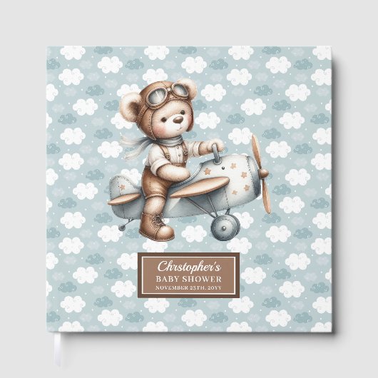 Blue Brown Baby shower Gastboek Teddy Bear Pilot Gastenboek (Voorkant)