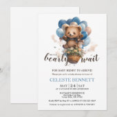 Blue Brown Balloon Bear Baby Shower Invitation Kaart (Voorkant / Achterkant)