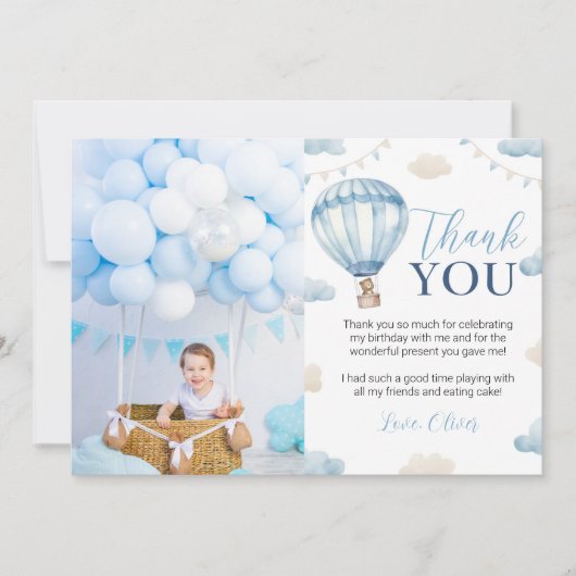 Blue Brown Bear Boy Birthday Photo Carte de remerc (Devant)