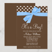 Blue Brown Bow Polka Dot Baby Shower Invitations Kaart (Voorkant / Achterkant)