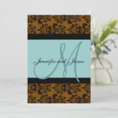 Blue Brown Damask Monogram Wedding Uitnodiging (Staand voorkant)