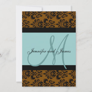 Blue Brown Damask Monogram Wedding Uitnodiging