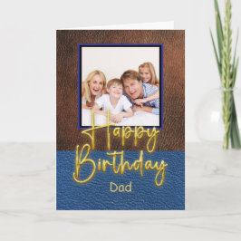Blue & Brown leather Gold Script Dad Birthday Kaart
