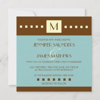 Blue Brown Monogram Art Deco Wedding Uitnodiging