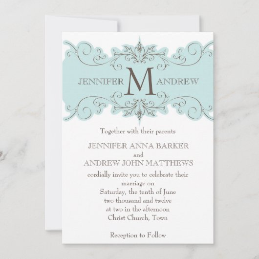 Blue Brown Monogram Wedding Invitations Kaart (Voorkant)