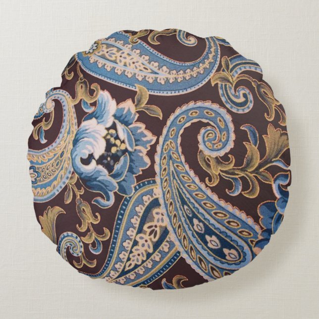 Blue Brown  Paisley New Rond Kussen (Voorkant)
