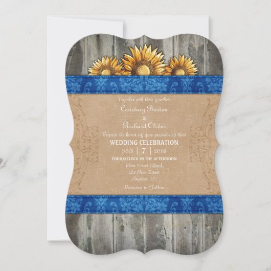 Blue Brown Rustic Sunflower Wedding Invite Kaart (Voorkant)
