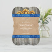 Blue Brown Rustic Sunflower Wedding Invite Kaart (Staand voorkant)