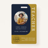 Blue Brown Teacher Name Badge with QR and Photo (Devant)