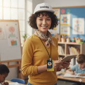 Blue Brown Teacher Name Badge with QR and Photo