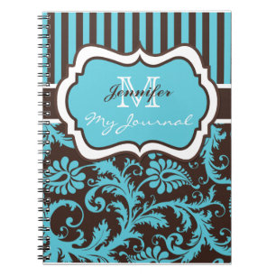 Blue Brown White Striped Damask Journal Notitieboe Notitieboek
