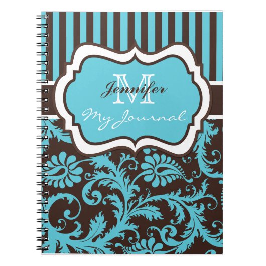 Blue Brown White Striped Damask Journal Notitieboe Notitieboek (Voorkant)