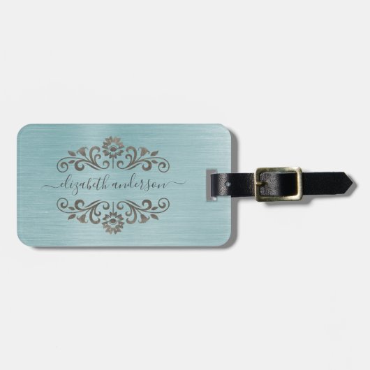 Blue Brushed Metal Monogram Name Script Bagagelabel (Voorkant horizontaal)
