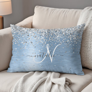 Blue Brushed Metal Silver Glitter Monogram Name Accent Kussen