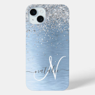 Blue Brushed Metal Silver Glitter Monogram Name iPhone 15 Mini Hoesje