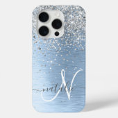 Blue Brushed Metal Silver Glitter Monogram Name Case-Mate iPhone Case (Achterkant)