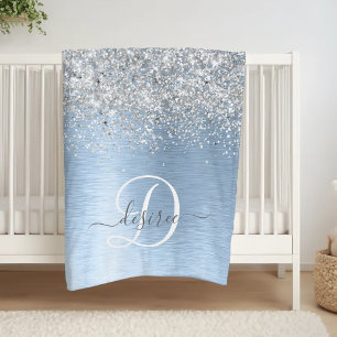 Blue Brushed Metal Silver Glitter Monogram Name Fleece Deken