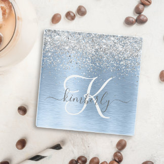Blue Brushed Metal Silver Glitter Monogram Name Glazen Onderzetter